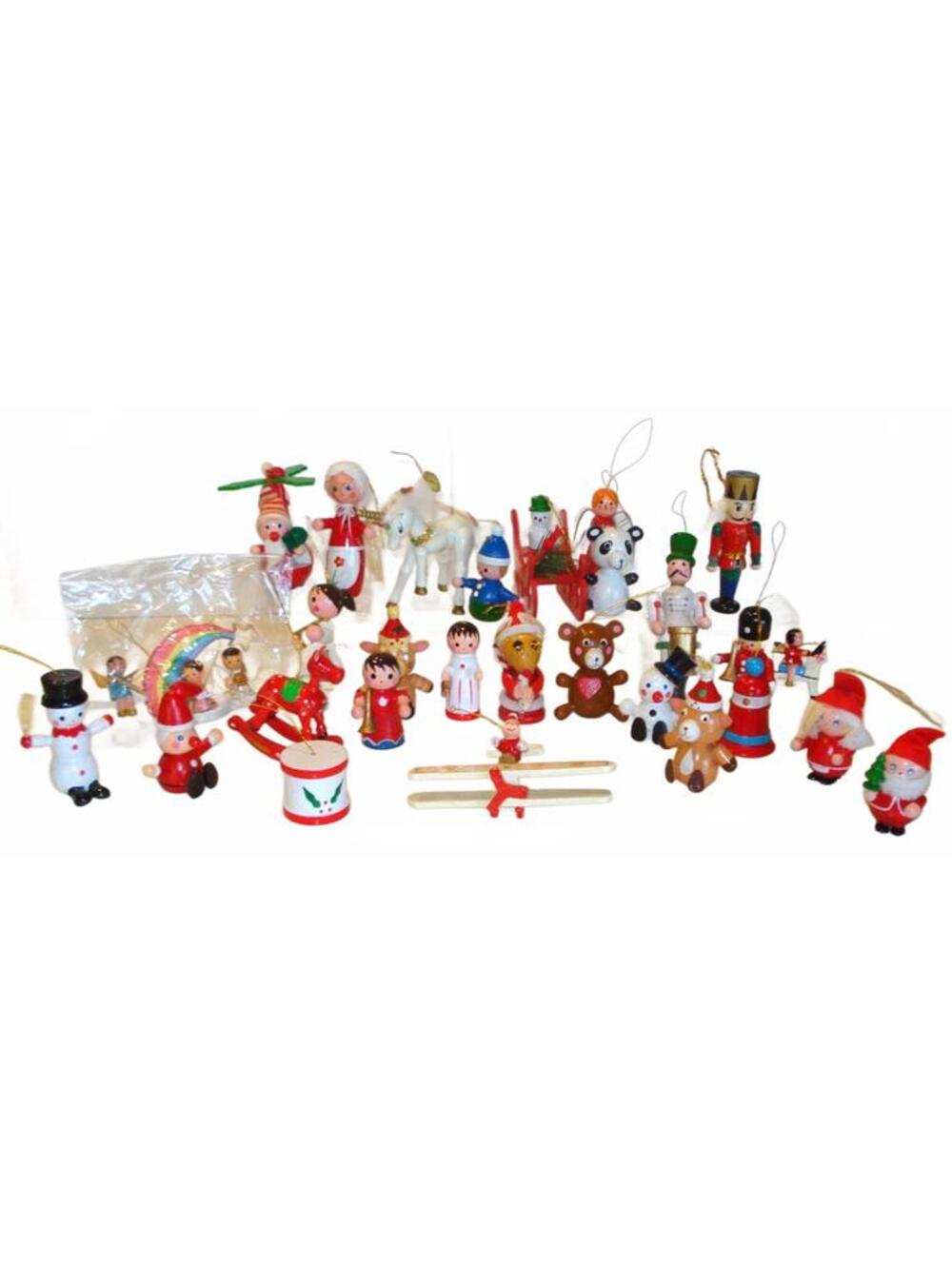 Lot of 25 Vintage 60's - 80's Wooden X-mas Small Ornaments Santa Toy & Animal